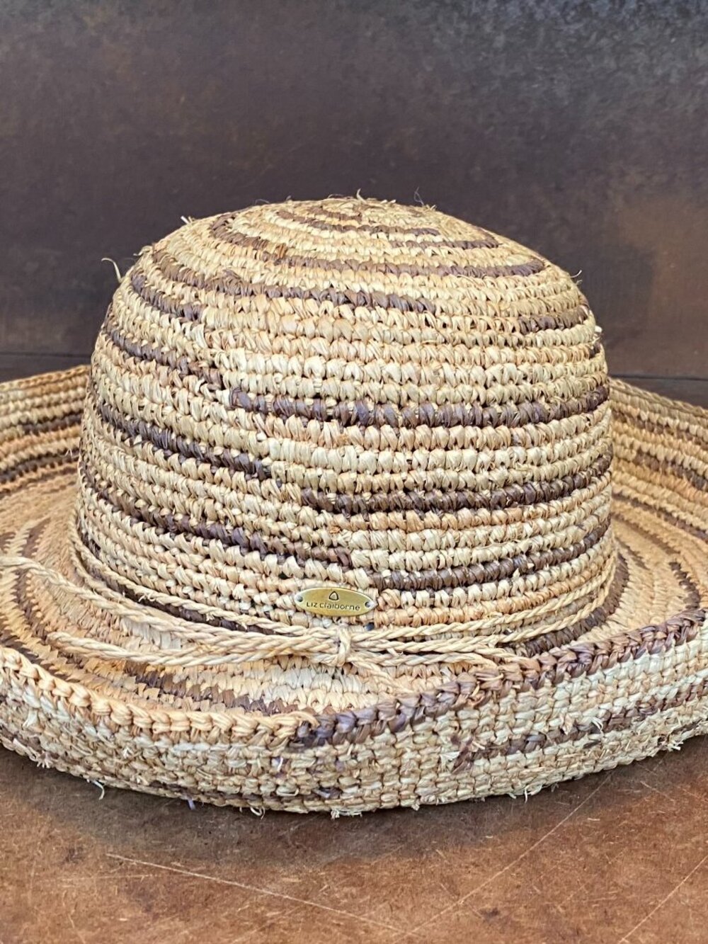 Vintage 90s Liz Claiborne Woven Straw Rattan Raffia Sun Hat Wide Rolled Brim